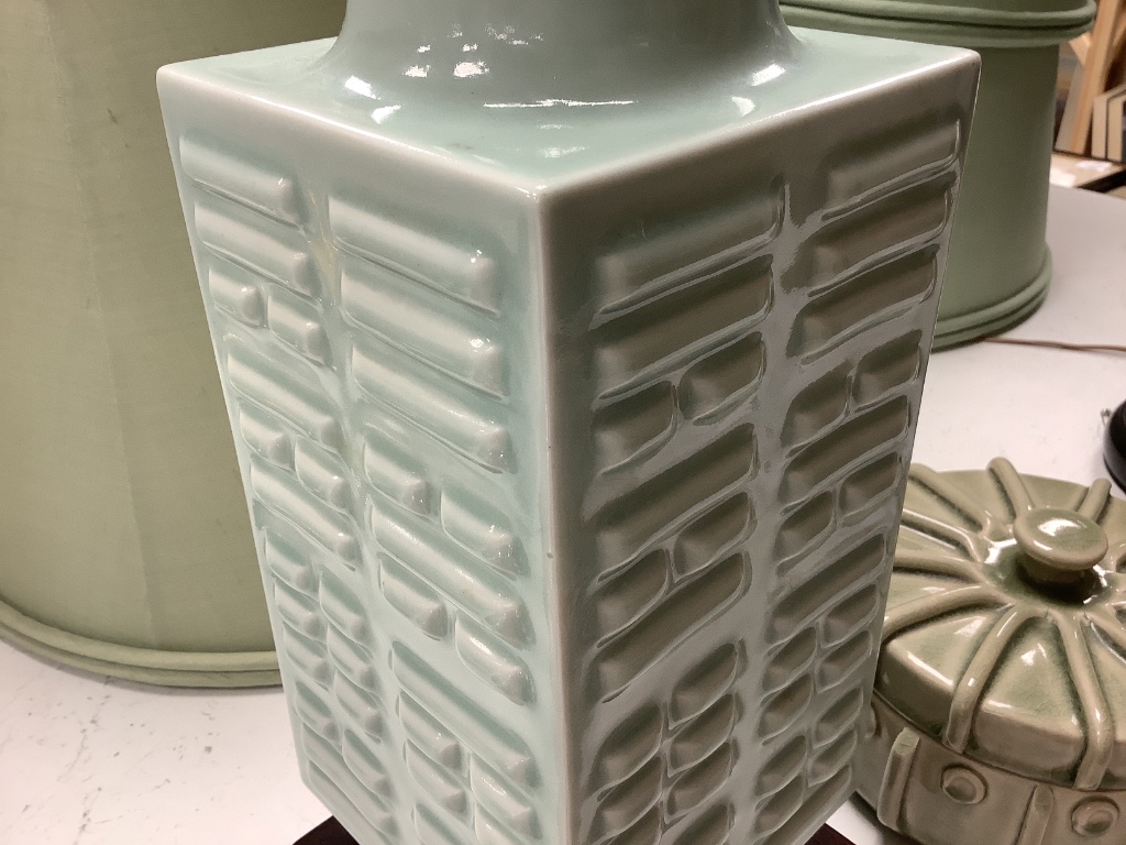 A Chinese cong-form celadon glazed table lamp, Guangxu mark and probably of the period (1875-1908), height 34cm excluding light fitting (drilled) a celadon glazed box and cover and an oval two-handled jardinière